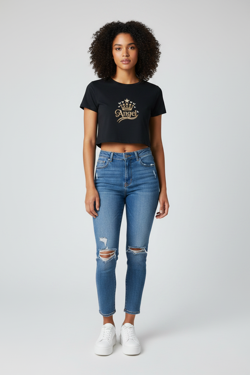Angel Crown Graphic Baby Tee – Women's Slim Fit Crop Top | KVastrika